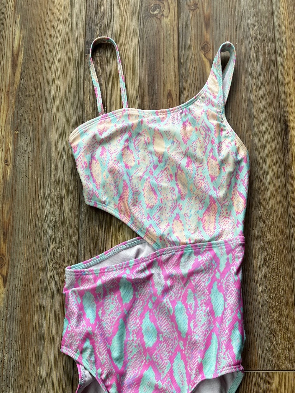 Cat & Jacks Girls L Large 10-12 Swimsuit One Piece Pink Lt Blue Asymmetrical